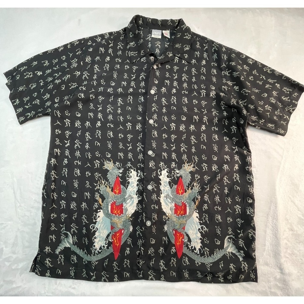 UTILITY Mens L Shirt Black Asian Print Dragon Surfboard‎ V-Neck